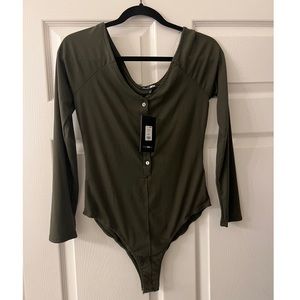 FASHIONNOVA Hazel Ribbed Henley Bodysuit - Olive